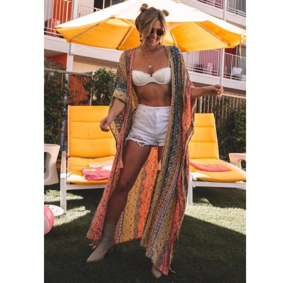 Boho Gypsy Color Block Pink Kimono Cover Up Beach - Picture 4 of 7